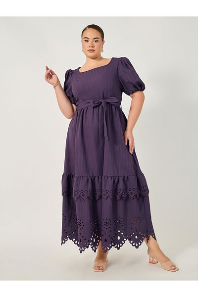 Styli Plus Size Cut-Out Pattern Tiered Maxi Dress with Tie Belt