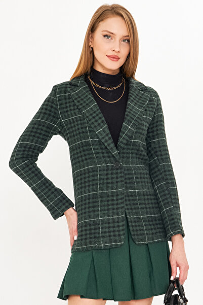 armonika Γυναικείο σμαραγδένιο καρό σχέδιο με μονό κουμπί Stamp Jacket ARM-25K 001083