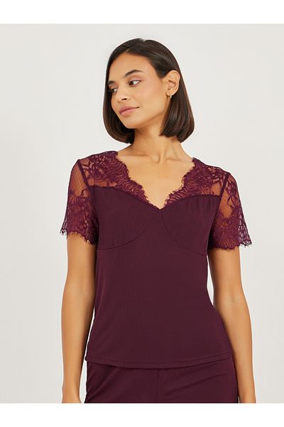 Styli Wide Lace Edge Detail Top and Pyjama Set