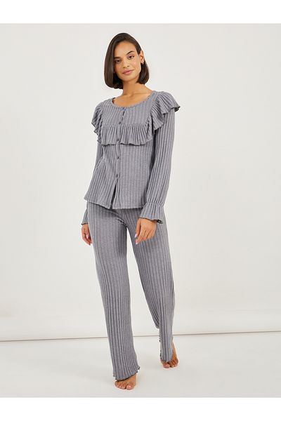 Styli Rib Ruffled Front Button Detail Top and Pyjama Set