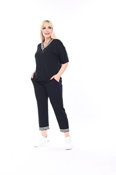 kısmet sepeti Γυναικείο κοντομάνικο Capri 2 τεμαχίων μαύρο χτενισμένο βαμβακερό κοστούμι