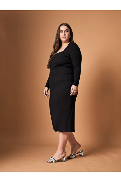 Sassafras By Styli Plus Size Ribbed Long Sleeves Bodycon Midi Dress