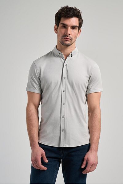 İmza Γκρι βαμβακερό πουκάμισο Slim Fit - Μακρύ μανίκι, Πλεκτό Πλεκτό, Πέτο με Κουμπί, Χωρίς Τσέπη 1004250152_100