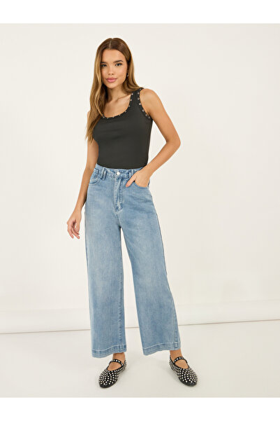 Styli بنطال جينز واسع الساق وعالي الارتفاع وقابل للتمدد