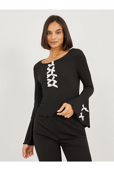 Styli Solid Ruffle Sleeve Multi Bow Detail Top and Flared Pyjama Set