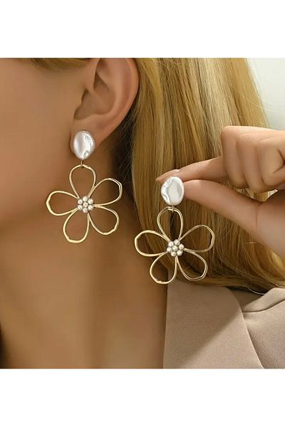 ER TAKI Pearled Gold Colorful Flower Dangle Stylish Engagement Henna Wedding Wedding Evening Dress Earrings