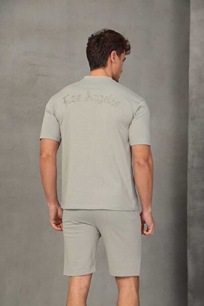 FRANCO RENZO Gri Nakışlı Basic Erkek Şort Takımı