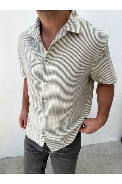 King Brothers Green Striped Muslin Men's Shirt - Short Sleeve