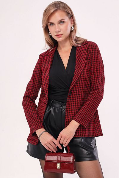 armonika Jachetă de damă, roșu Claret, cu model picior de găin, cu un singur buton ARM-20K001121