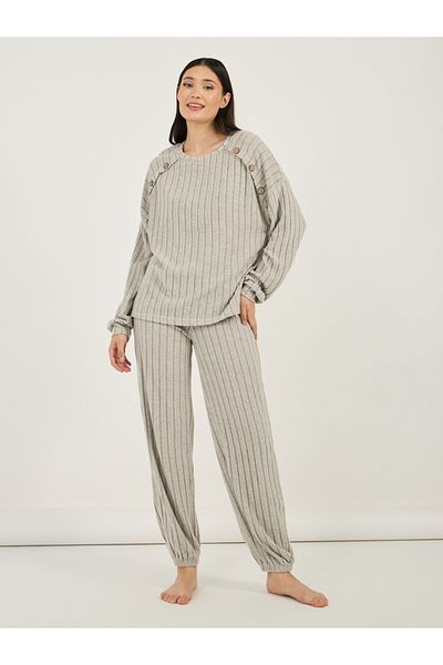 Styli Button Detail Ribbed Long Sleeves Top and Pyjama Set