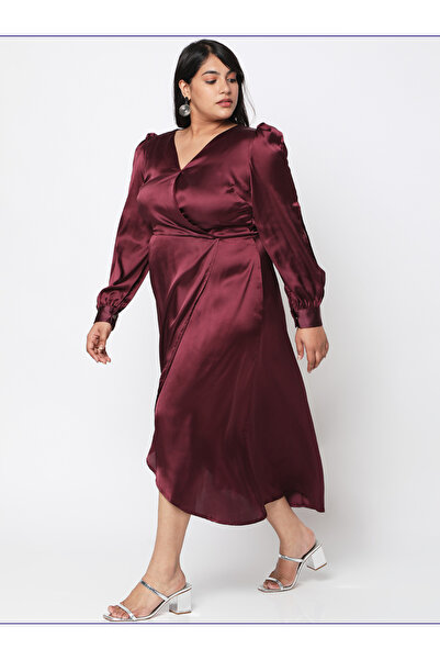 Mish By Styli Plus Size Satin Wrap Front Midi Dress with Tulip Hem