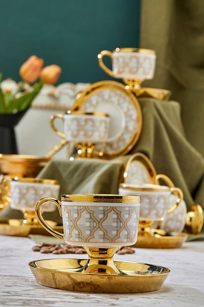 Cooker Luxury 6-Piece Gold Gilded Legs Porcelain Coffee Cup Set - Stylish & Special Presentation