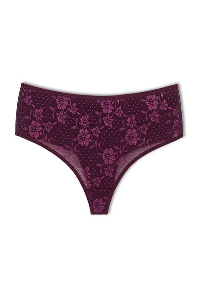 HNX Purple Front Double Layer Lined Lace High Waist Cotton Thong Women's Panties