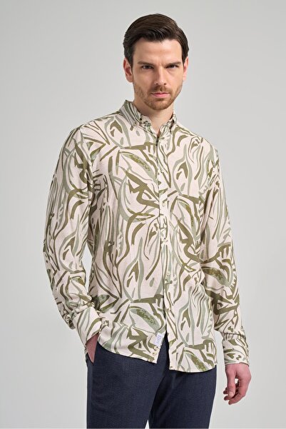 İmza Σκούρο Χακί Μακρυμάνικο Πουκάμισο με Κουμπιά Πέτο χωρίς τσέπη Casual Slim Fit 1004250138