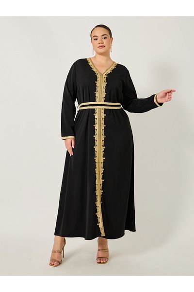 Styli Plus Size Regular Fit V Neck Kaftan with Lace Detail