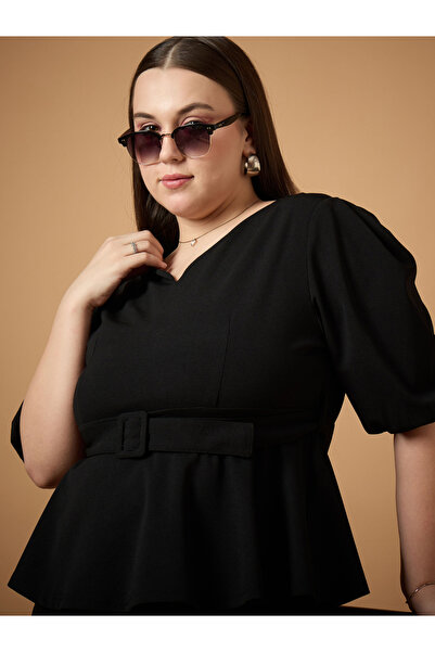 Sassafras By Styli Plus Size Solid Belted Peplum Top and Tapered Pants Set