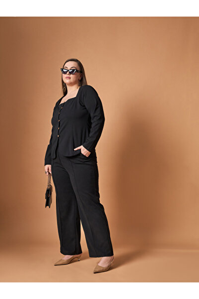 Sassafras By Styli Plus Size Solid Front Button Top and Straight Pants Set