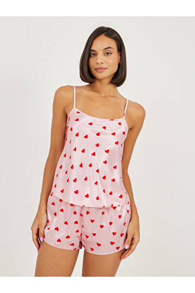 Styli Satin All Over Heart Print Cami and Shorts Set