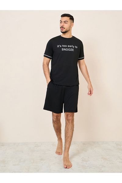 Styli Slogan Print SleepT-shirt and Short with Pocket Set