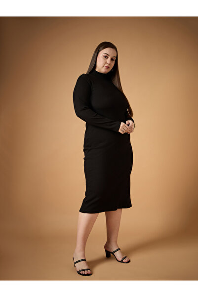 Sassafras By Styli Plus Size Ribbed High Neck Bodycon Midi Dress