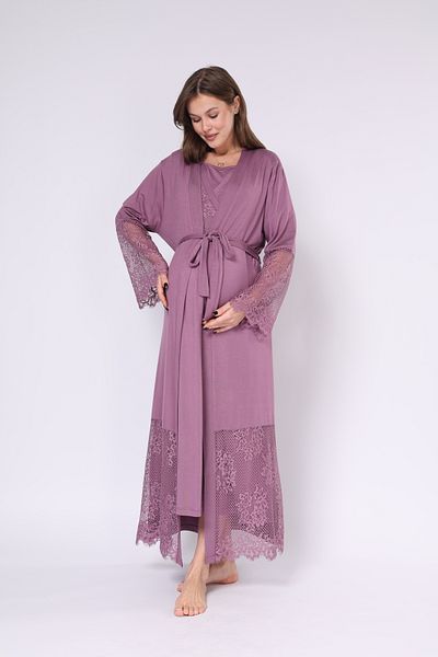 Rimel Homewear Plum Double Breasted Lace Maternity Nightgown Set