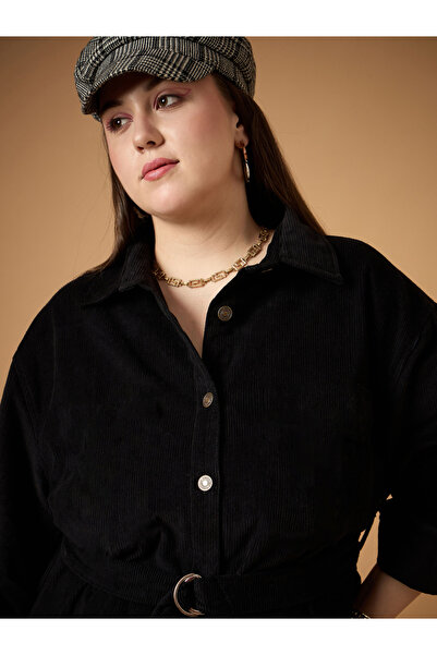 Sassafras By Styli Plus Size Corduroy Belted Detail Mini Shirt Dress