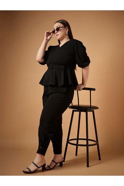 Sassafras By Styli Plus Size Solid Belted Peplum Top and Tapered Pants Set