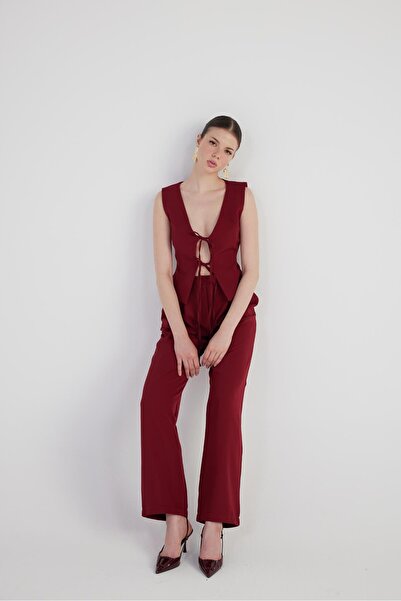 HOLLY LOLLY Geniş Paça Pilili Yüksek Bel Palazzo Giselle Pantolon Bordo