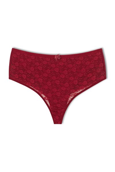 HNX Burgundy Front Double Layer Lined Lace High Waist Cotton Thong Women's Panties