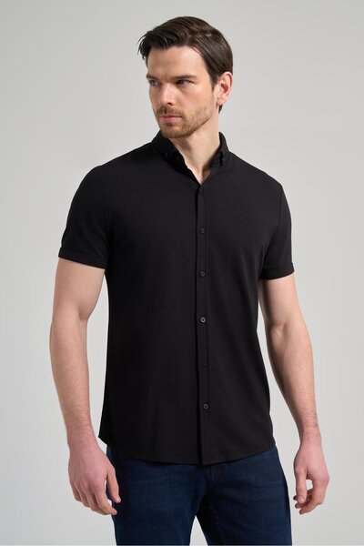 İmza Μαύρο πουκάμισο Classic Slim Fit - Ιταλικό πέτο, Πλεκτό ίσιο, Χωρίς τσέπες, Βαμβακερό πουκάμισο με κουμπιά 1004250156_001