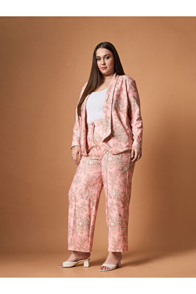 Sassafras By Styli Plus Size Floral Print Shawl Collar Blazer and Straight Pants Set