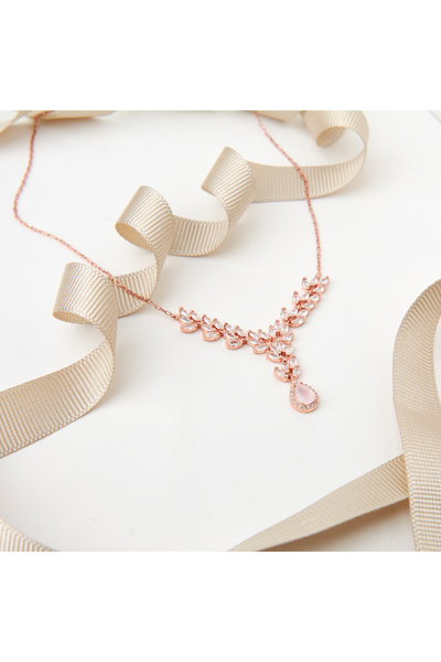 Siset Gümüş 925 Ayar Rose Kaplama Baget Kesim Damla Pembe Kuvars Taşlı Fantazi Gümüş Kolye