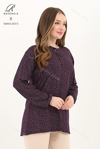 Ravencia Kadın Orta Yaş Ve Üzeri Cam Kırığı Desen Likralı Mor-Beyaz Anne Penye Bluz