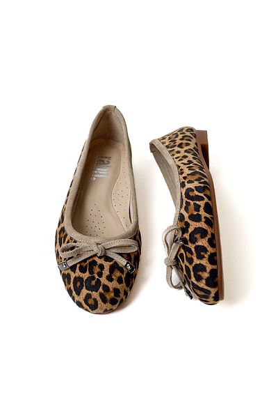 RABU Beige Women's Genuine Leather Leopard Print Ballerinas with Bow Detail