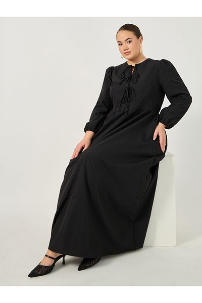 Styli Solid A-Line Maxi Dress with Tie-Up Bow Detail