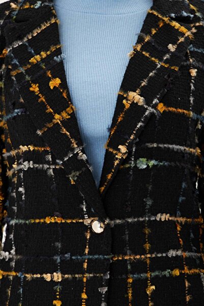 armonika Women's Mustard Tweed Fabric Single Button Jacket Arm-25K 001042