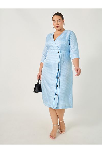 Styli Plus Size Textured V-Neck Wrap Midi Dress