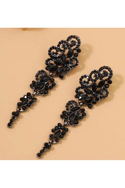 ER TAKI Black Rhinestone Long Dangle Stylish Gothic Style Engagement Henna Wedding Evening Dress Earrings