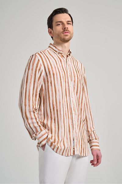 İmza Πουκάμισο Casual Comfort Fit με μείγμα λιναριού - Μακρύ μανίκι, ύφασμα με στάμπα, πέτο με κουμπιά, κομμένο χωρίς τσέπες 1004250139