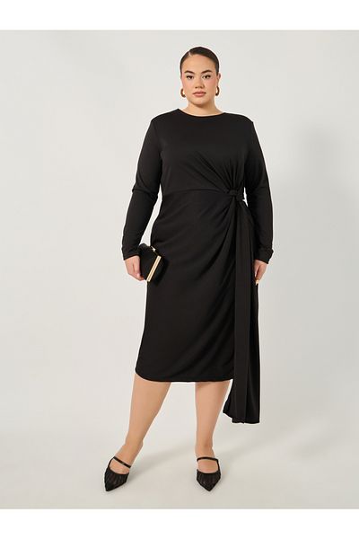 Styli Plus Size Draped Tie Waist Detail A-Line Midi Dress