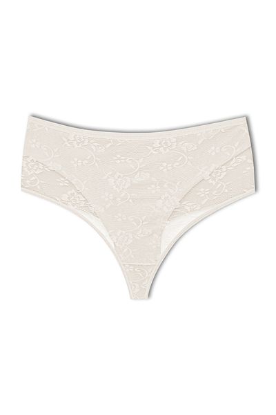 HNX Ecru Front Double Layer Lined Lace High Waist Cotton Thong Women's Panties