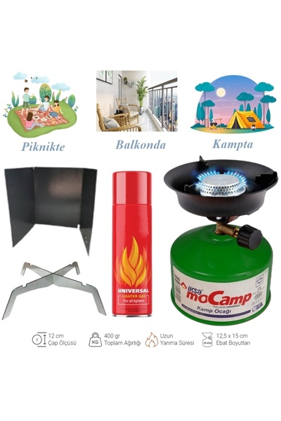 gaman Pro Set İksa Çakmak Gazı İle Doldurulabilir Kamp Ocağı Piknik Tüpü + Rüzgar Önleyici + Çakmak Gazı