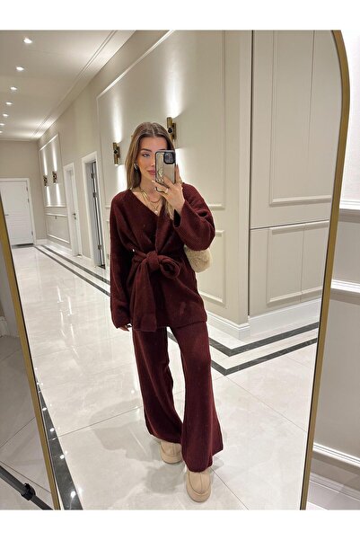 CKBUTİK Bordo Bağlamalı İkili Triko Takım 1051