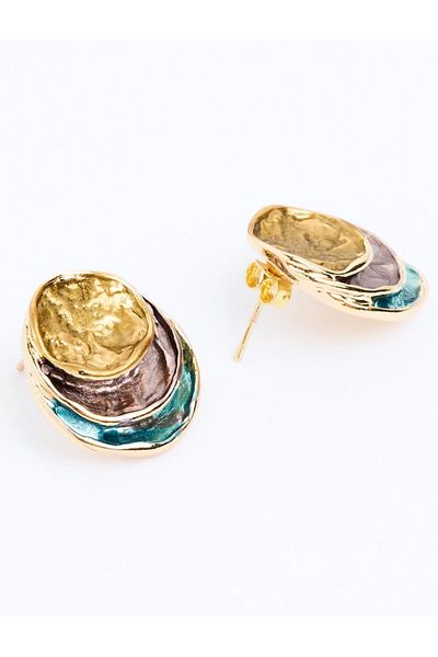 Jimmy Key Green Enamel Detailed Round Figured Earrings