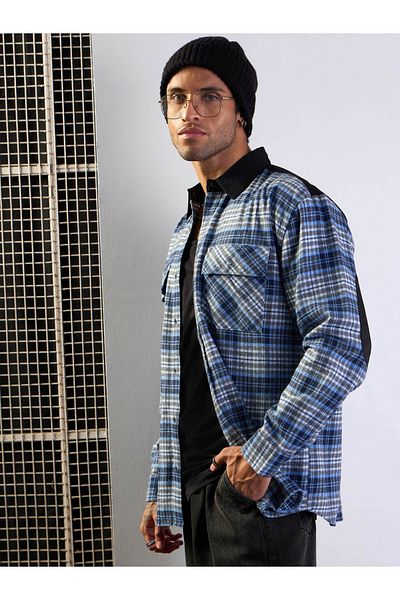 Mascln Sassafras By Styli Elbow Patch Oversized Checked Shirt with Pockets Detail