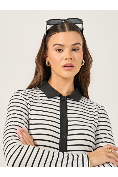 Styli Striped Knit Top with Contrast Collar Detail