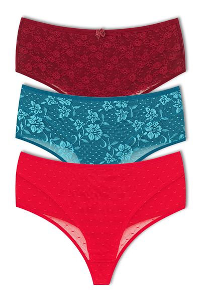 HNX 3-Piece Front Double Layer Lined Lace High Waist Cotton Thong Women's Panties