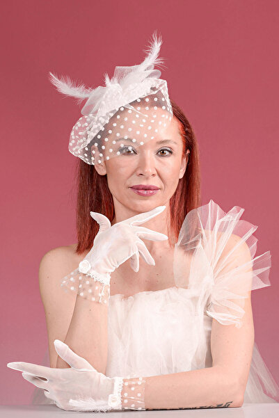 SeddA Kırık Beyaz Tüylü Gelin Kepi Nikah Şapkası Ve Tüylü Gelin Eldiveni  Kom...