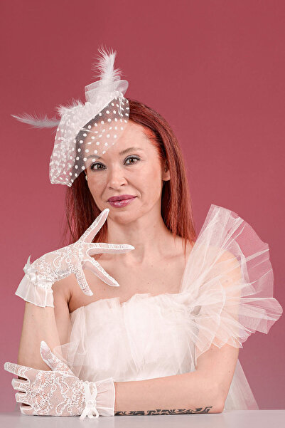 SeddA قبعة زفاف منقطة باللون الأبيض الفاتح وقبعة زفاف وقفازات زفاف من الدانتيل