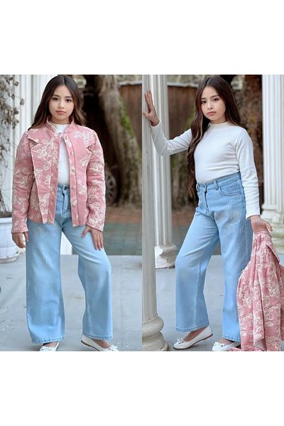 FLOWER BABY Girl's Silvery Jacket Jeans 3-Piece Set Holiday Special Day Set